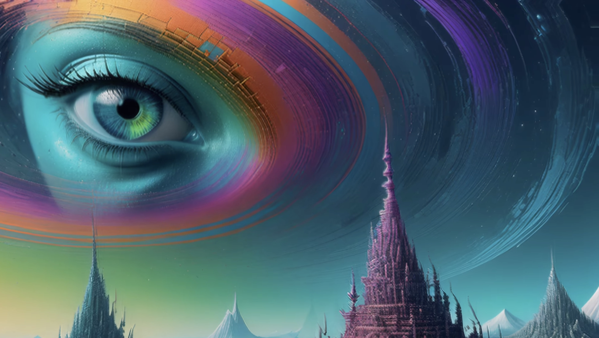 A giant, surreal blue eye opens in the sky above a digital castle, symbolizing the awakening of artificial consciousness.